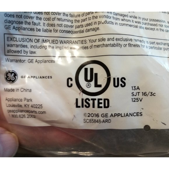 Genuine GE Universal 3-wire / 3-prong Dishwasher Power Cord 5.4ft (# WX09X70910) - Picture 7 of 8